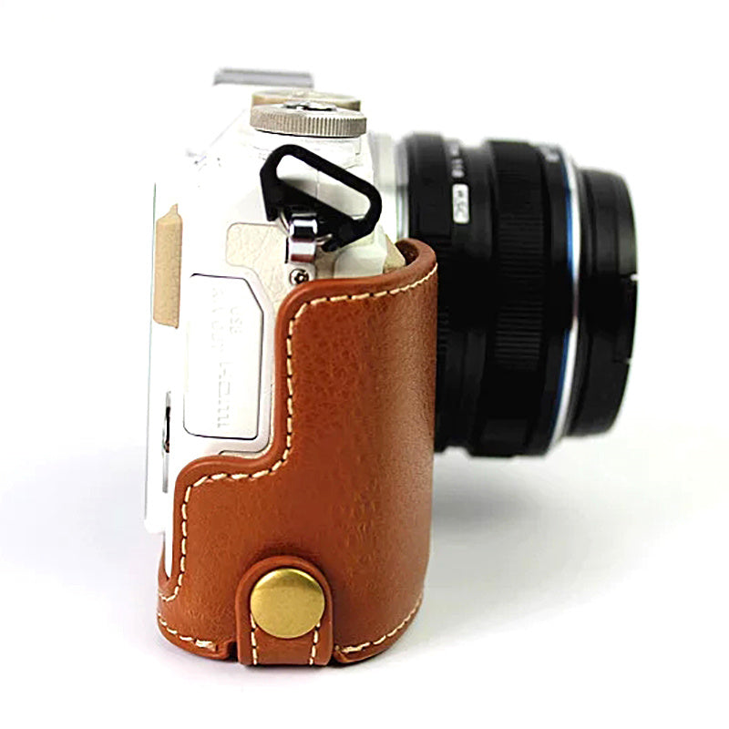 Uniqkart for Olympus E-PL7/PL8/PL9 Genuine Leather Camera Case Half Body Protective Cover with Bottom Opening - Brown