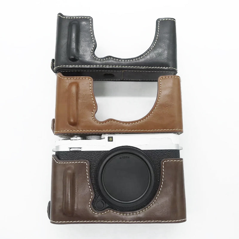 Uniqkart for Fujifilm X-E4 PU Leather Camera Bottom Case Battery Opening Design Protective Half Body Cover - Brown