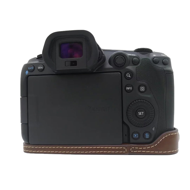 Uniqkart for Canon EOS R5 / R6 PU Leather Camera Bottom Case Battery Opening Design Protective Half Body Cover - Coffee