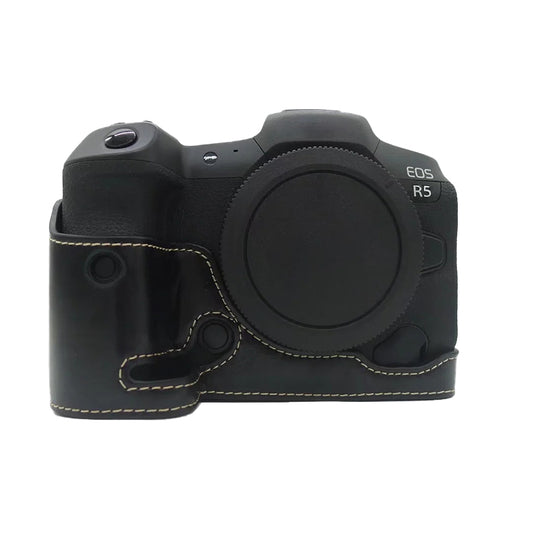 Uniqkart for Canon EOS R5 / R6 PU Leather Camera Bottom Case Battery Opening Design Protective Half Body Cover - Black
