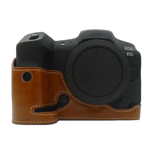 Uniqkart for Canon EOS R5 / R6 PU Leather Camera Bottom Case Battery Opening Design Protective Half Body Cover - Brown