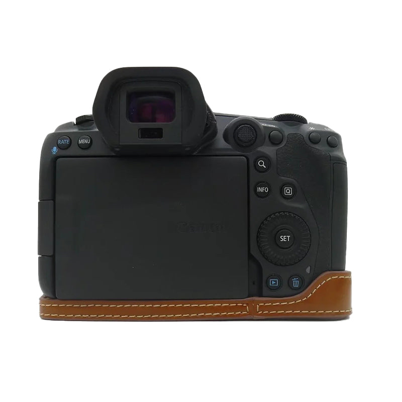 Uniqkart for Canon EOS R5 / R6 PU Leather Camera Bottom Case Battery Opening Design Protective Half Body Cover - Brown