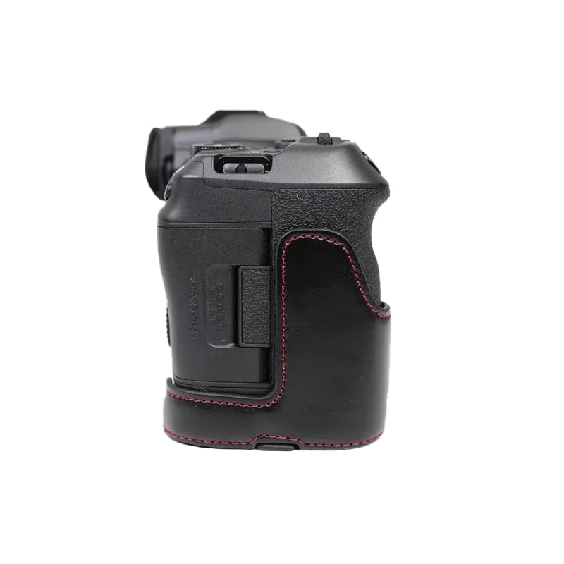 Uniqkart for Canon EOS R5 / R6 / R62 PU Leather Camera Bottom Case Battery Opening Design Flannel Lining Protective Half Body Cover - Black