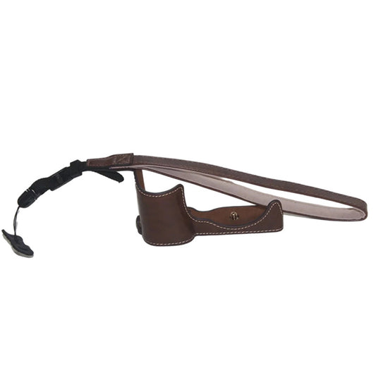 Uniqkart for Sony ZV-E10 Camera PU Leather Bottom Case Battery Opening Design Half Body Protective Cover with Hand Strap - Coffee
