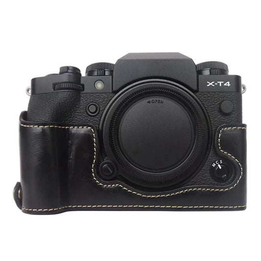 Uniqkart for Fujifilm X-T4 Digital Camera PU Leather Protective Bottom Case Anti-scratch Half Body Cover with Battery Opening - Black