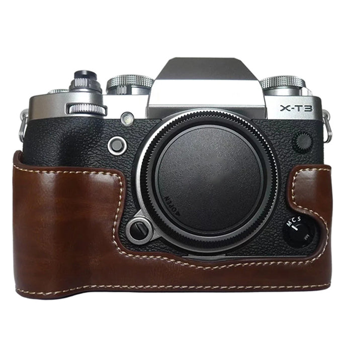 Uniqkart for Fujifilm X-T3 Digital Camera PU Leather Protective Bottom Case Battery Opening Design Half Body Cover - Coffee