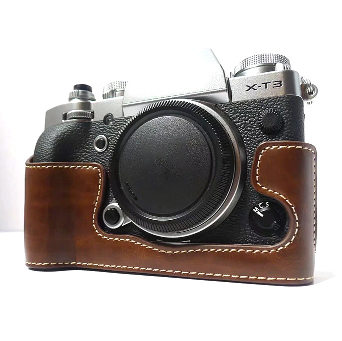 Uniqkart for Fujifilm X-T3 Digital Camera PU Leather Protective Bottom Case Battery Opening Design Half Body Cover - Coffee