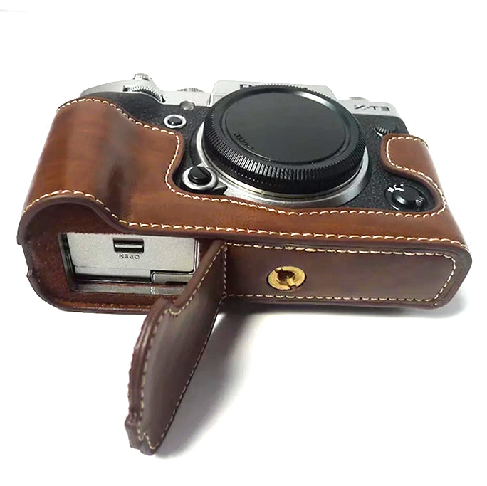 Uniqkart for Fujifilm X-T3 Digital Camera PU Leather Protective Bottom Case Battery Opening Design Half Body Cover - Coffee