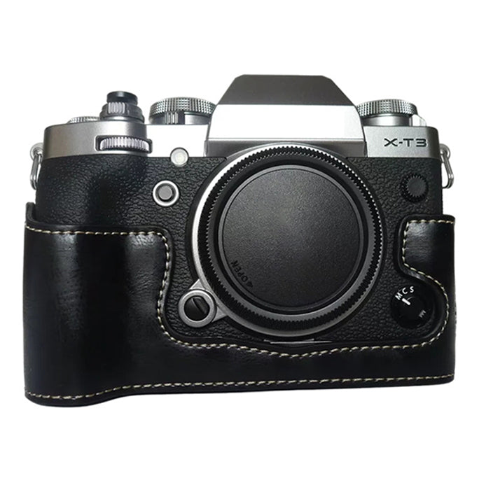 Uniqkart for Fujifilm X-T3 Digital Camera PU Leather Protective Bottom Case Battery Opening Design Half Body Cover - Black