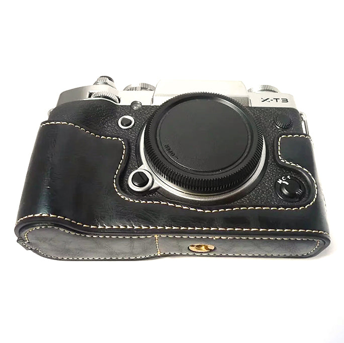 Uniqkart for Fujifilm X-T3 Digital Camera PU Leather Protective Bottom Case Battery Opening Design Half Body Cover - Black