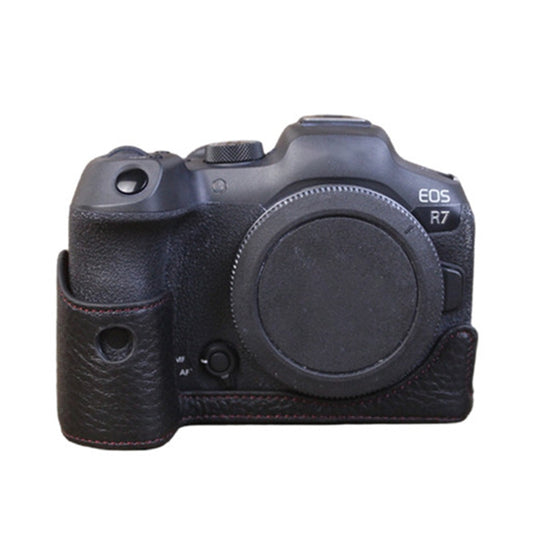 Uniqkart for Canon EOS R7 Genuine Leather Camera Bottom Case Battery Opening Design Half Body Protective Cover - Black