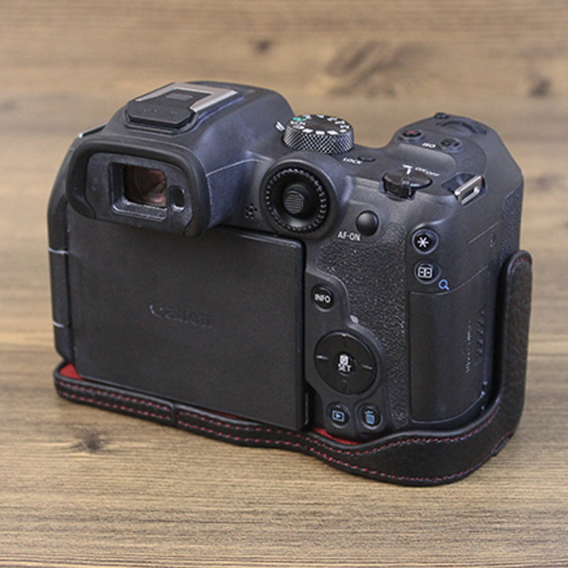 Uniqkart for Canon EOS R7 Genuine Leather Camera Bottom Case Battery Opening Design Half Body Protective Cover - Black