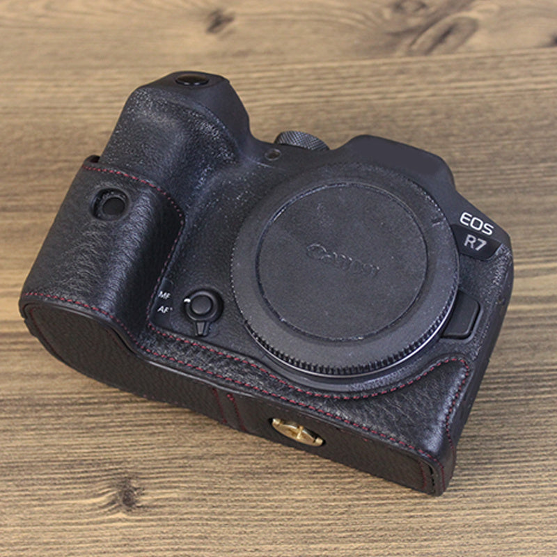 Uniqkart for Canon EOS R7 Genuine Leather Camera Bottom Case Battery Opening Design Half Body Protective Cover - Black
