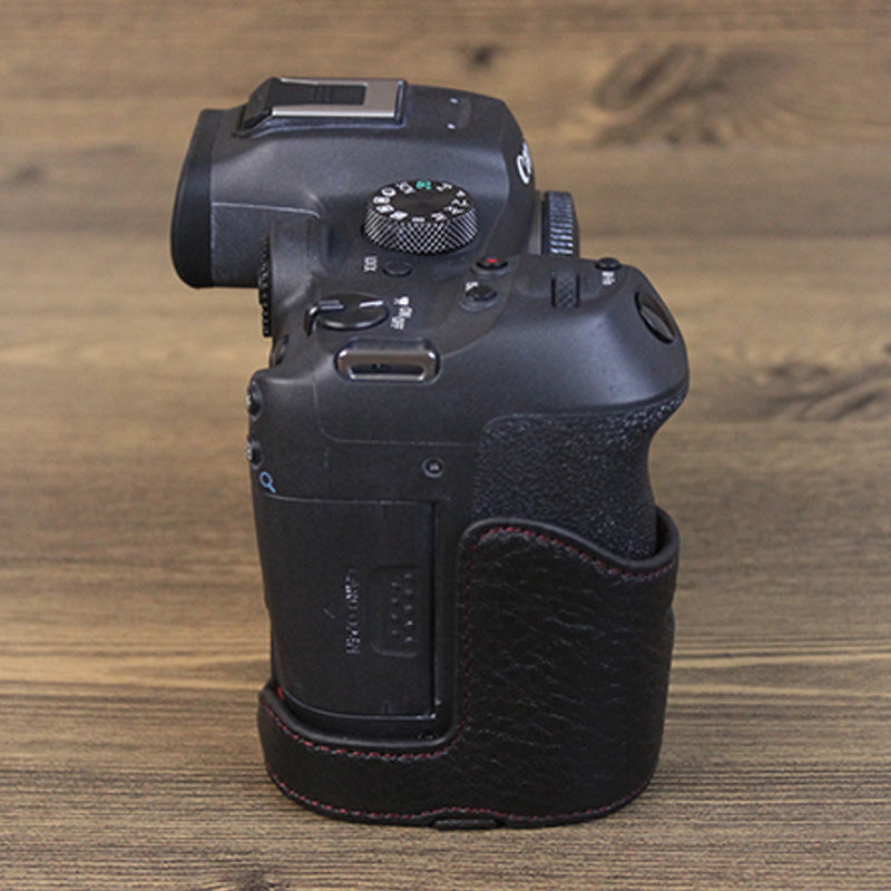Uniqkart for Canon EOS R7 Genuine Leather Camera Bottom Case Battery Opening Design Half Body Protective Cover - Black