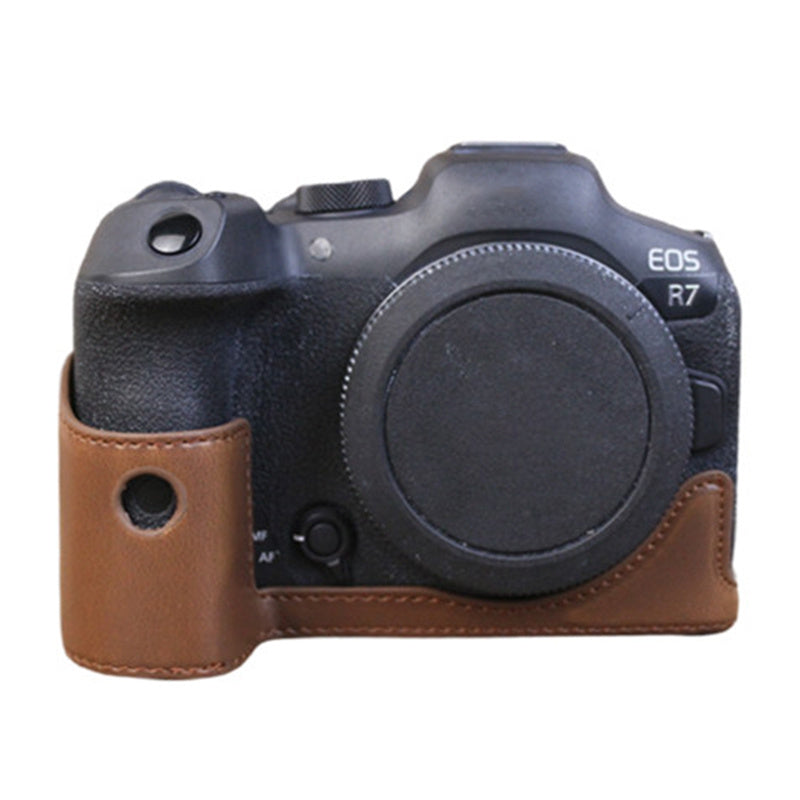 Uniqkart for Canon EOS R7 Digital Camera Bottom Case PU Leather Half Body Protective Cover with Battery Opening Design - Coffee