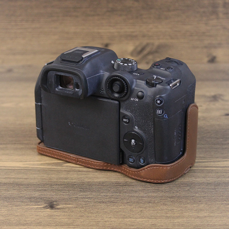 Uniqkart for Canon EOS R7 Digital Camera Bottom Case PU Leather Half Body Protective Cover with Battery Opening Design - Coffee