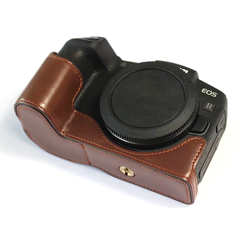 Uniqkart for Canon EOS RP PU Leather Camera Bottom Case with Hand Strap, Battery Opening Design Half Body Protective Cover - Coffee