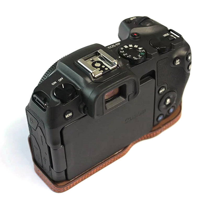 Uniqkart for Canon EOS RP PU Leather Camera Bottom Case with Hand Strap, Battery Opening Design Half Body Protective Cover - Coffee