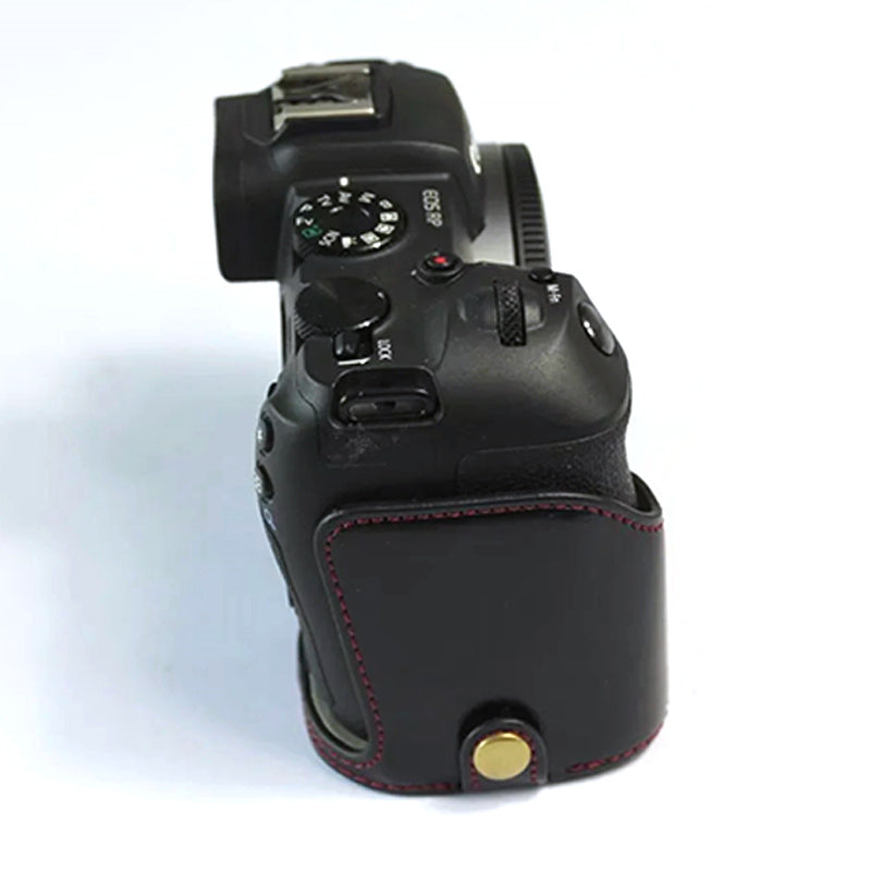 Uniqkart for Canon EOS RP PU Leather Camera Bottom Case with Hand Strap, Battery Opening Design Half Body Protective Cover - Black