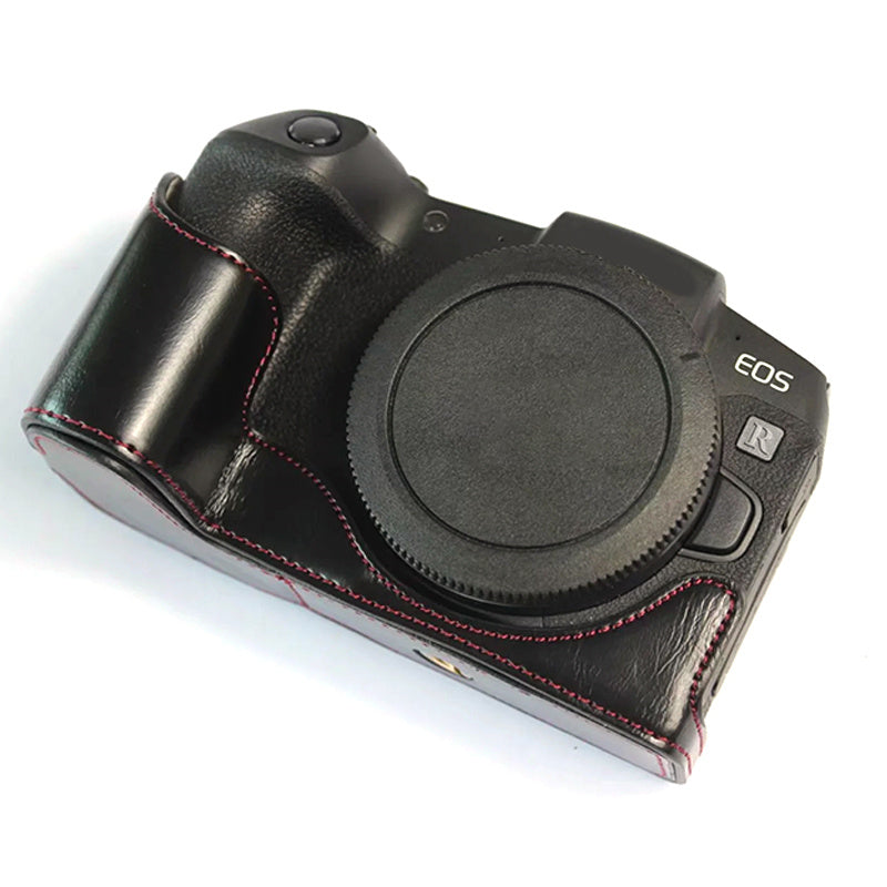 Uniqkart for Canon EOS RP PU Leather Camera Bottom Case with Hand Strap, Battery Opening Design Half Body Protective Cover - Black