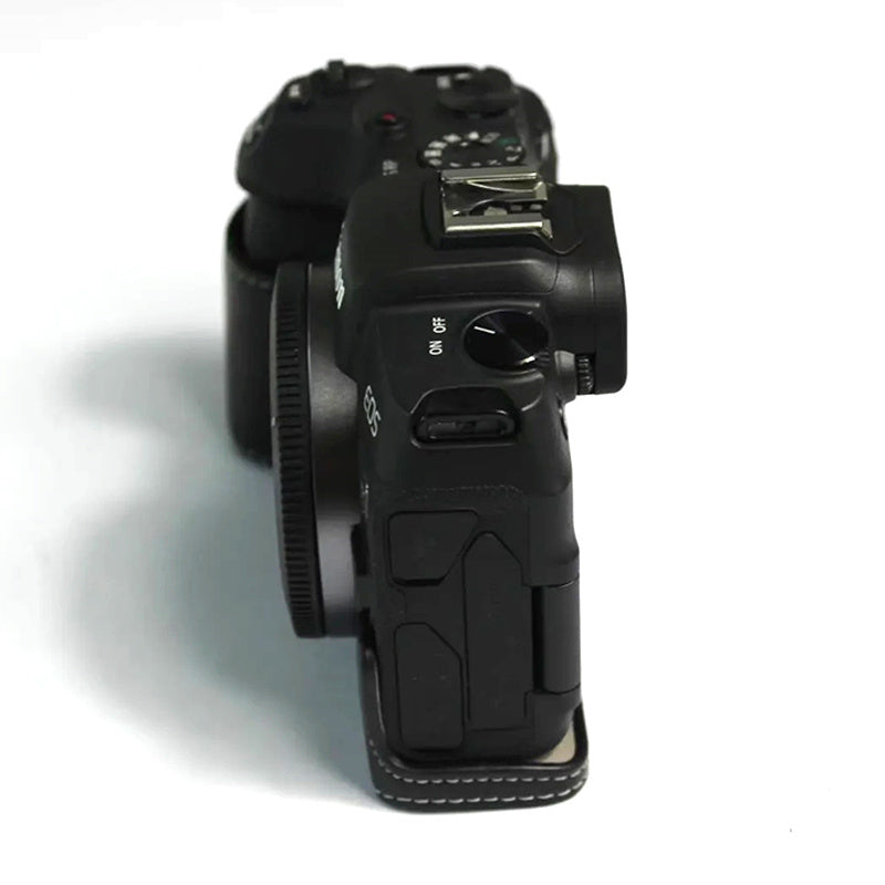 Uniqkart for Canon EOS RP Genuine Leather Half Body Protective Cover Battery Opening Design Camera Bottom Case with Hand Strap - Black