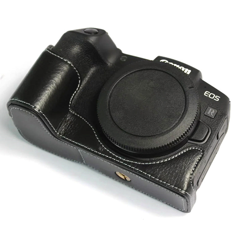 Uniqkart for Canon EOS RP Genuine Leather Half Body Protective Cover Battery Opening Design Camera Bottom Case with Hand Strap - Black