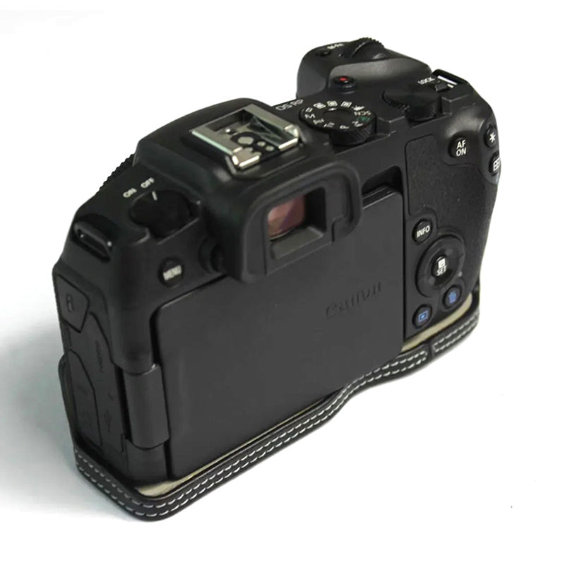 Uniqkart for Canon EOS RP Genuine Leather Half Body Protective Cover Battery Opening Design Camera Bottom Case with Hand Strap - Black