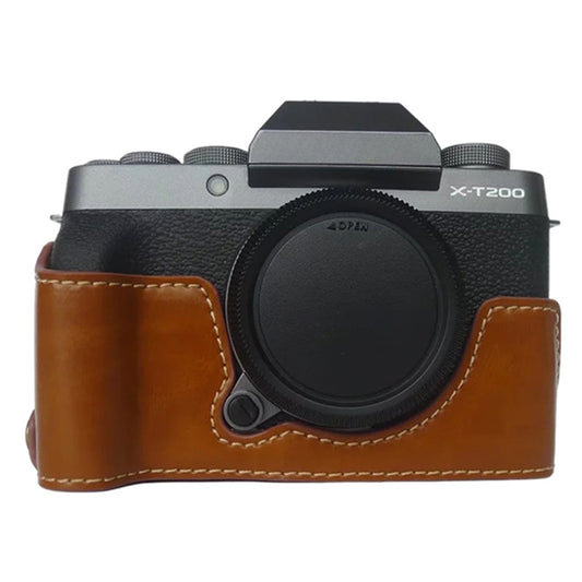 Uniqkart for Fujifilm X-T200 Digital Camera Protective Bottom Case Anti-scratch PU Leather Half Body Cover with Battery Opening - Brown