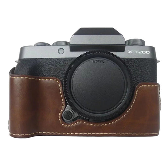 Uniqkart for Fujifilm X-T200 Digital Camera Protective Bottom Case Anti-scratch PU Leather Half Body Cover with Battery Opening - Coffee