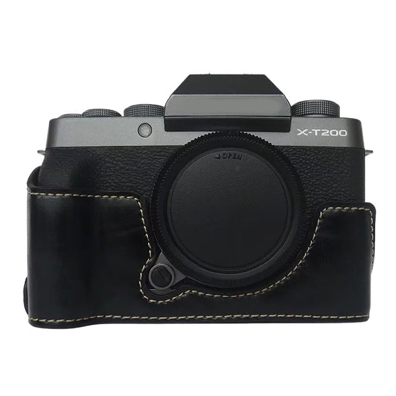 Uniqkart for Fujifilm X-T200 Digital Camera Protective Bottom Case Anti-scratch PU Leather Half Body Cover with Battery Opening - Black