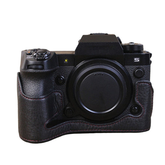 Uniqkart for Fujifilm X-H2s / X-H2 Camera Bottom Shell Genuine Leather Large Opening Design Protective Half Body Cover - Black