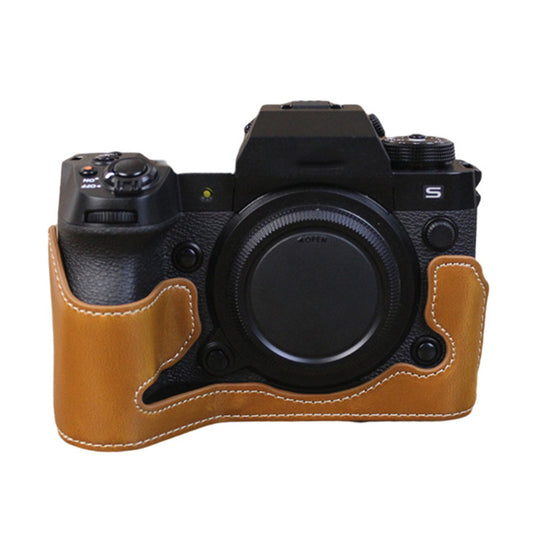 Uniqkart for Fujifilm X-H2s / X-H2 PU Leather Anti-scratch Camera Bottom Cover Large Opening Design Protective Half Body Case - Brown