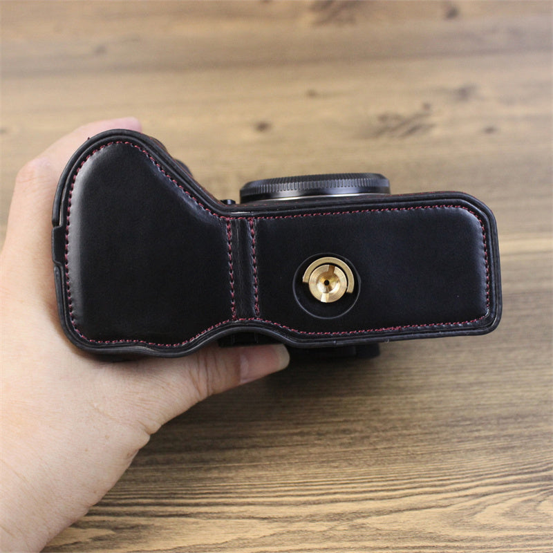 Uniqkart for Fujifilm X-H2s / X-H2 PU Leather Anti-scratch Camera Bottom Cover Large Opening Design Protective Half Body Case - Black