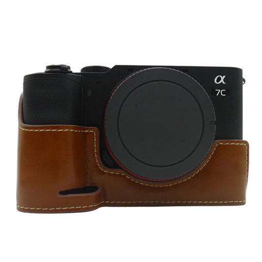 Uniqkart for Sony A7C PU Leather Camera Cover Half Protective Bottom Case with Battery Opening Design - Brown