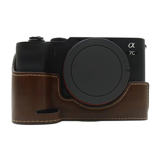 Uniqkart for Sony A7C PU Leather Camera Cover Half Protective Bottom Case with Battery Opening Design - Coffee