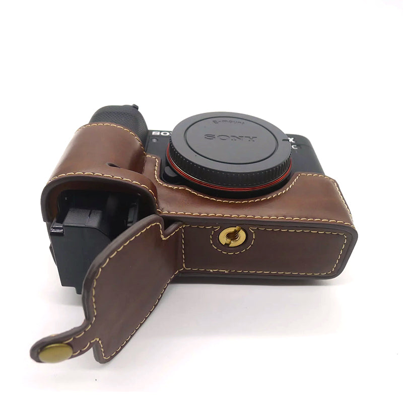 Uniqkart for Sony A7C PU Leather Camera Cover Half Protective Bottom Case with Battery Opening Design - Coffee