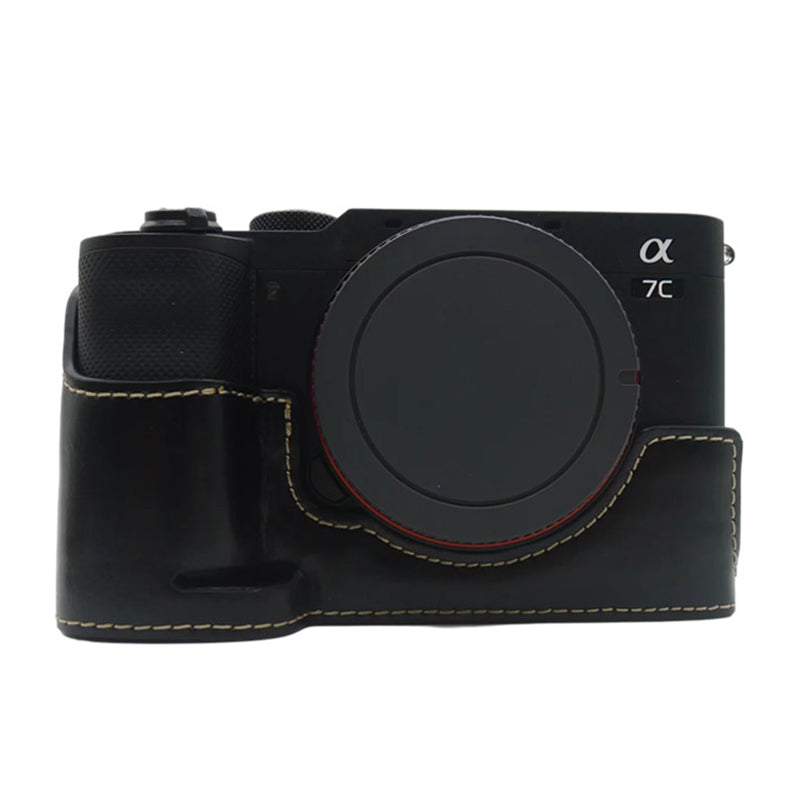 Uniqkart for Sony A7C PU Leather Camera Cover Half Protective Bottom Case with Battery Opening Design - Black