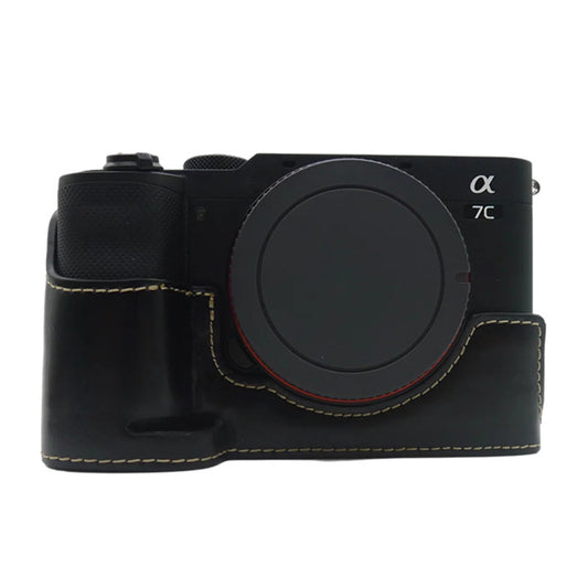 Uniqkart for Sony A7C PU Leather Camera Cover Half Protective Bottom Case with Battery Opening Design - Black