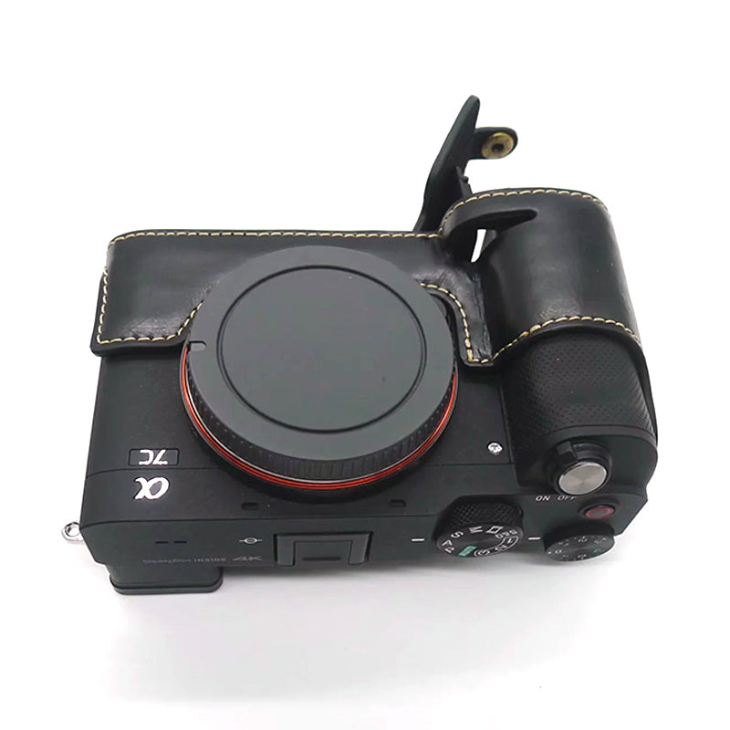 Uniqkart for Sony A7C PU Leather Camera Cover Half Protective Bottom Case with Battery Opening Design - Black