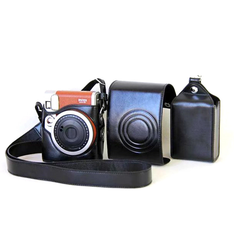 Uniqkart for Fujifilm Instax Mini 90 Synthetic Leather Camera Bag Protective Case with Film Case and Neck Strap - Black