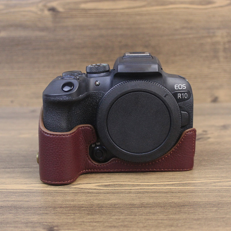 Genuine Leather Camera Bottom Case for Canon EOS R10, Anti-dust Camera Half Body Cover - Coffee