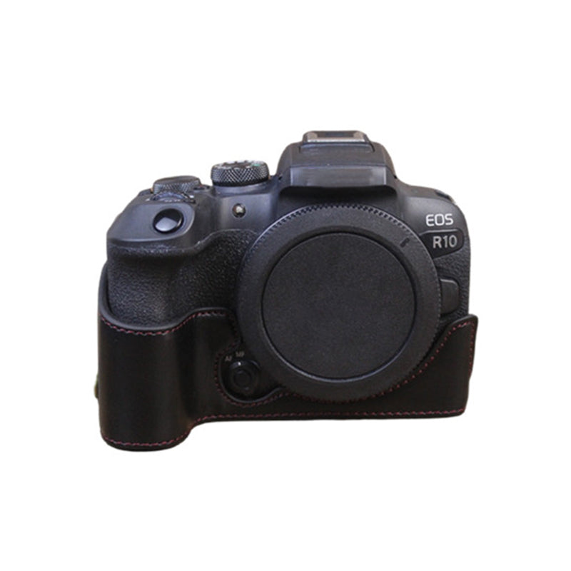 Uniqkart for Canon EOS R10 PU Leather Anti-scratch Camera Bottom Cover Large Opening Design Protective Half Body Case - Black