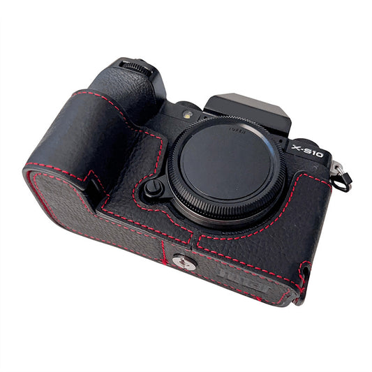 Genuine Leather Half Cover Case for Fujifilm X-S10 Camera, Anti-scratch Protective Cover with Battery Opening - Black
