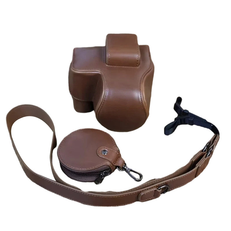 PU Leather Camera Case Bag for Canon EOS R10, Battery Opening Design Protective Cover with Lens Pouch and Strap - Coffee