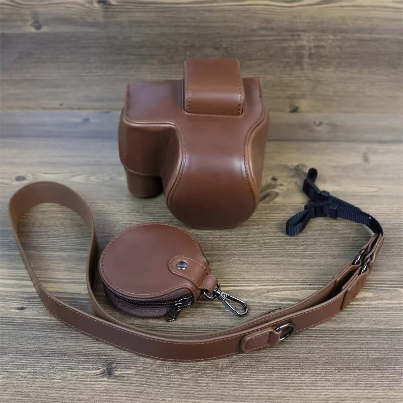 PU Leather Camera Case Bag for Canon EOS R10, Battery Opening Design Protective Cover with Lens Pouch and Strap - Coffee