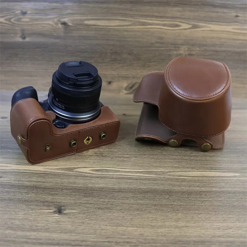 PU Leather Camera Case Bag for Canon EOS R10, Battery Opening Design Protective Cover with Lens Pouch and Strap - Coffee