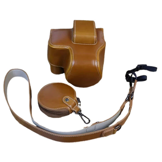 PU Leather Camera Case Bag for Canon EOS R10, Battery Opening Design Protective Cover with Lens Pouch and Strap - Brown
