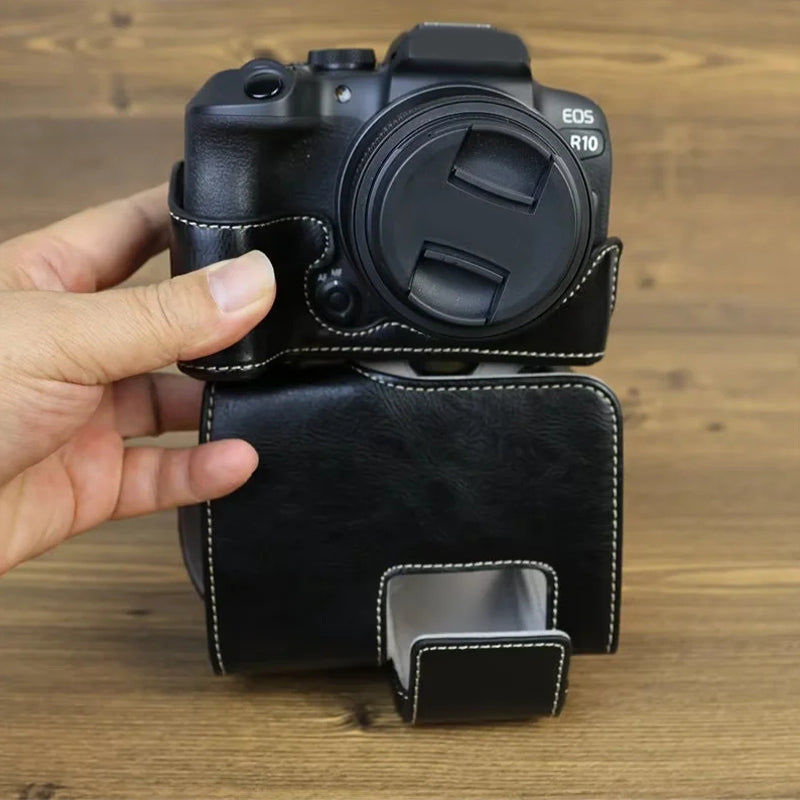 PU Leather Protective Bag for Canon EOS R10 18-45mm Lens, Vintage Mini Storage Bag Cover with Shoulder Strap - Black