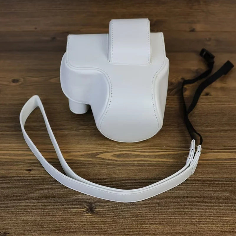 PU Leather Protective Bag for Canon EOS R10 18-45mm Lens, Vintage Mini Storage Bag Cover with Shoulder Strap - White