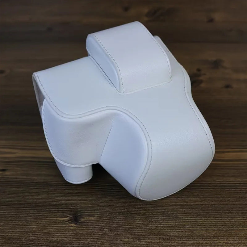 PU Leather Protective Bag for Canon EOS R10 18-45mm Lens, Vintage Mini Storage Bag Cover with Shoulder Strap - White